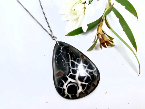 Large Tear Orca Agate pendant with a stainless steel necklace