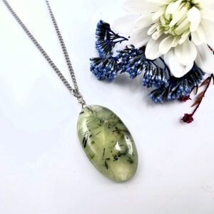 Phrehnite necklace oval shaped on a stainless steel necklace