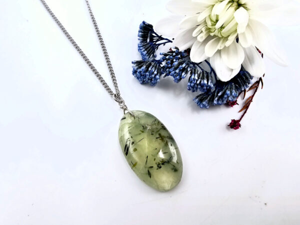 Phrehnite necklace oval shaped on a stainless steel necklace