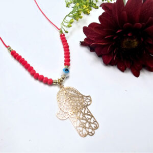 Hamsa Hand Necklace Red Evil Eye (Gold)