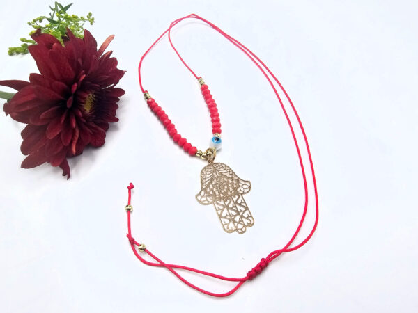 Hamsa Hand Necklace Red Evil Eye (Gold) - Image 2