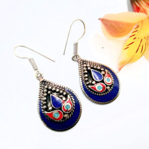 Tibetan Earrings Drop Dot Blue