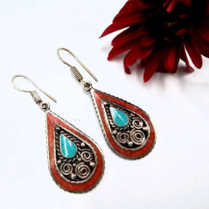 Tibetan Earrings Tear Drop Red
