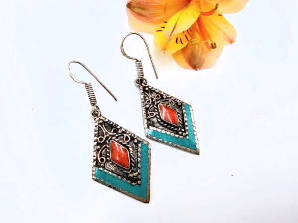 Tibetan Earrings Triangle Red & Blue