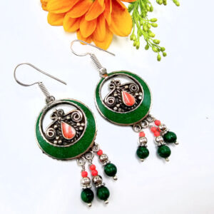 Tibetan Round Hanging Earrings Green