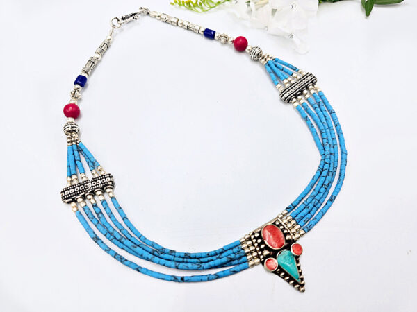 Tibetan Choker Necklace blue and coral pendant