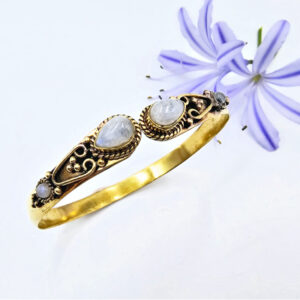 Double Detailed Drop Rainbow Moonstone Bangle (Brass)