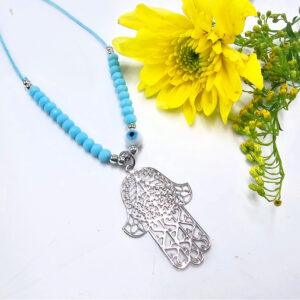 Hamsa Hand Necklace Blue Evil Eye (Silver)