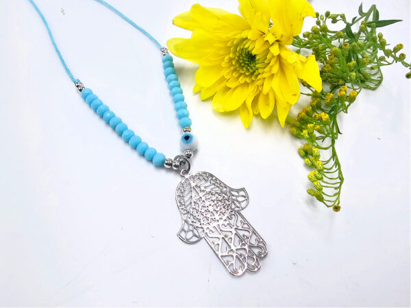 Hamsa Hand Necklace Blue Evil Eye (Silver)