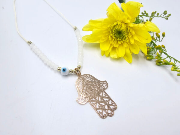 Hamsa Hand Necklace White Evil Eye (Gold)