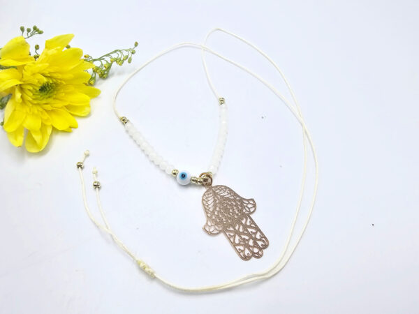 Hamsa Hand Necklace White Evil Eye (Gold) - Image 2