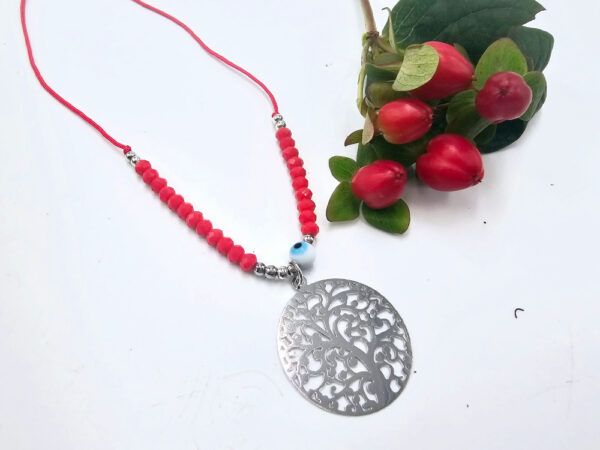 Tree of Life Necklace Red Evil Eye (Silver)