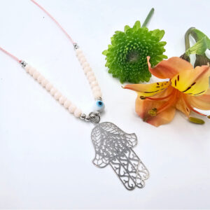 Hamsa Hand Necklace Pink Evil Eye (Silver)