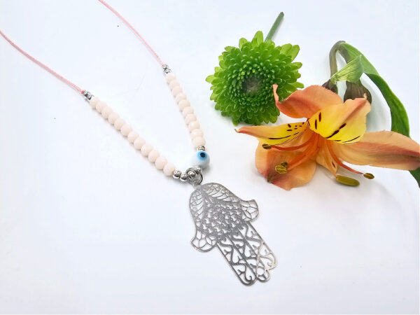 Hamsa Hand Necklace Pink Evil Eye (Silver)