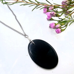 Black agate oval necklace on stainless steel chain