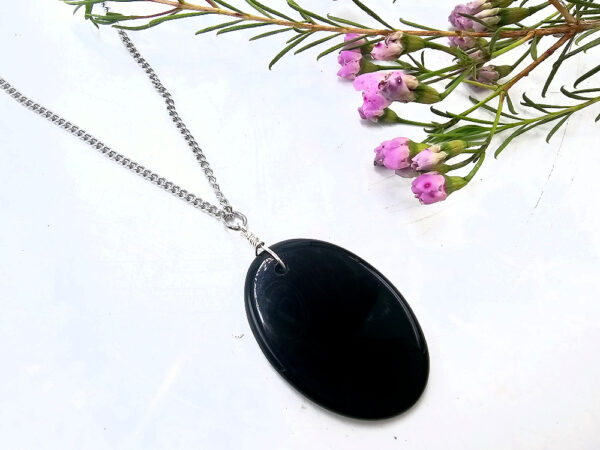 Black agate oval necklace on stainless steel chain