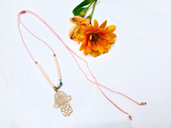 Hamsa Hand Necklace Pink Evil Eye (Gold) - Image 2