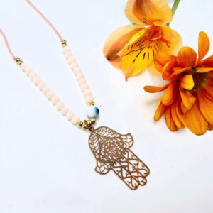 Hamsa Hand Necklace Pink Evil Eye (Gold)