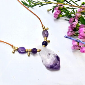 amethyst gem necklace with brass beads