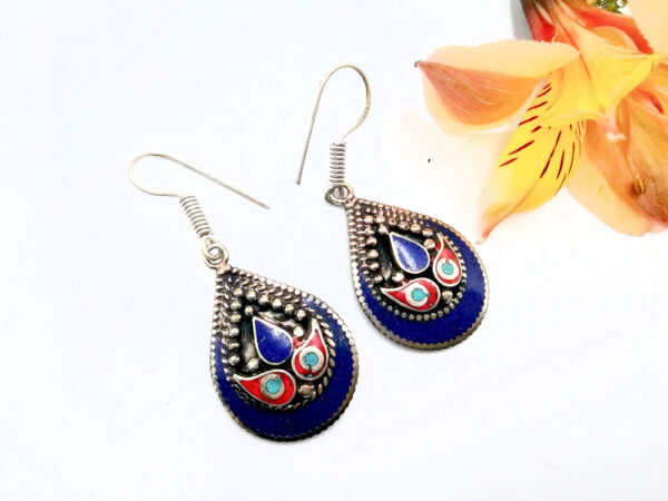 Tibetan Earrings Drop Dot Blue