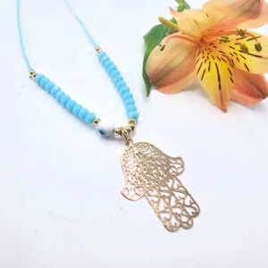 Hamsa Hand Necklace Blue Evil Eye (Gold)