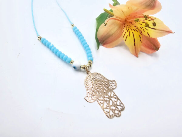 Hamsa Hand Necklace Blue Evil Eye (Gold)