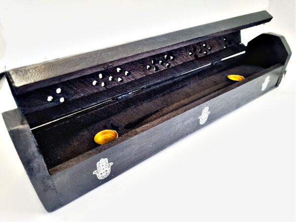 Wooden Incense Box Black Horizontal Hamsa Hand - Image 2
