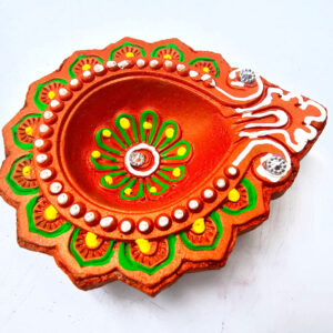 Clay Diya Pot Fancey - Orange Round Flower