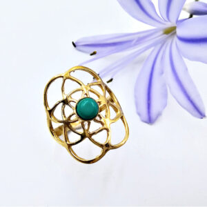 Turquoise Brass Flower of Life Ring