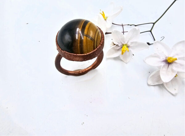 Tigers Eye Sphere Copper Ring (L)