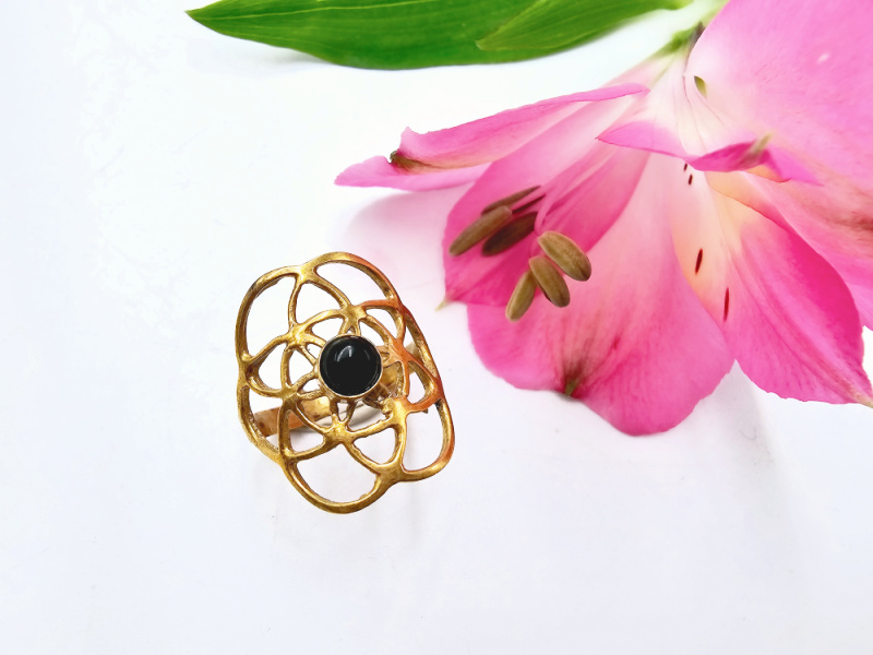 Black Onyx Flower Of Life Ring (Brass) Black Onyx Flower Of Life Ring (Brass)
