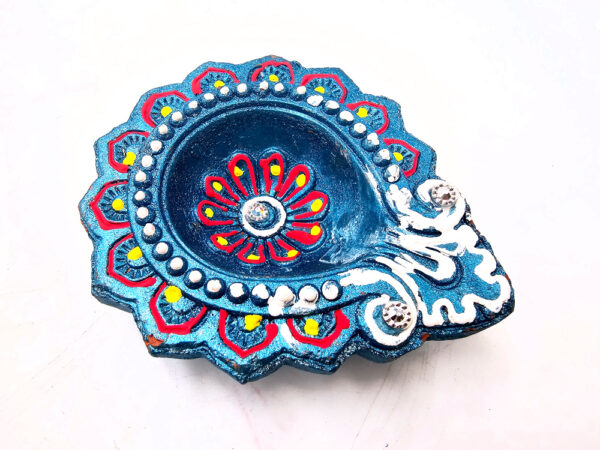 *Clay Diya Pot Fancey - Blue Round Flower (Single)