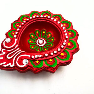 Clay Diya Pot Fancey - Red Round Flower