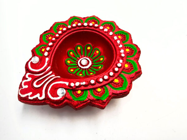 Clay Diya Pot Fancey - Red Round Flower