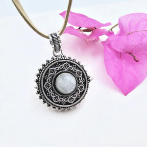 Rainbow Moonstone Round Locket Necklace (Opens)
