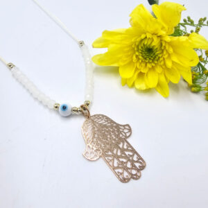 Hamsa Hand Necklace White Evil Eye (Gold)