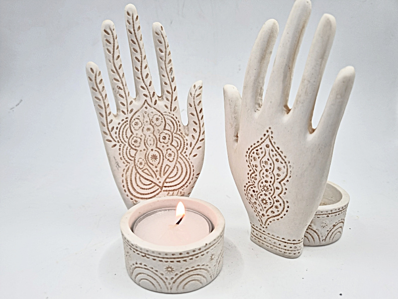 Hand Tealight Candle Holder - Mehndi Carved (13cm) Hand Tealight Candle Holder - Mehndi Carved  (13cm)