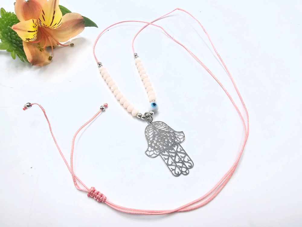 Hamsa Hand Necklace Pink Evil Eye (Silver) Hamsa Hand Necklace Pink Evil Eye (Silver) - Image 2