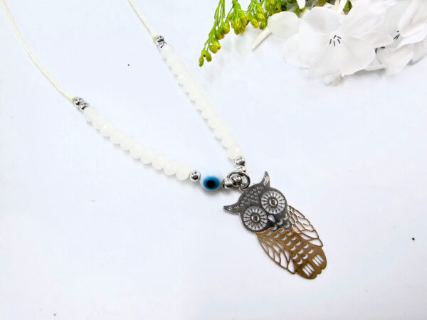Owl Necklace Cream Evil Eye (Silver)