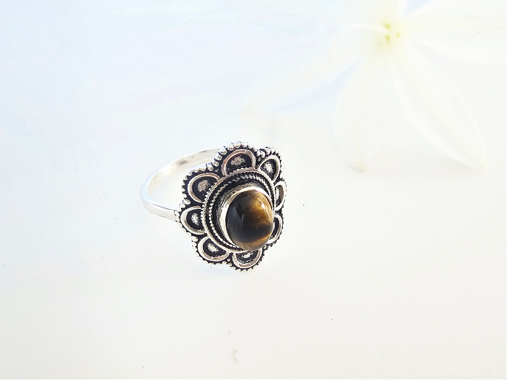 Flower Oval Tigers Eye Ring (925 Silver) S Flower Oval Tigers Eye Ring