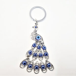 large peacock keyring with evil eye beads