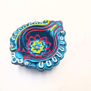 Clay Diya Pot Fancy - Blue Pattern Leaf (Single)