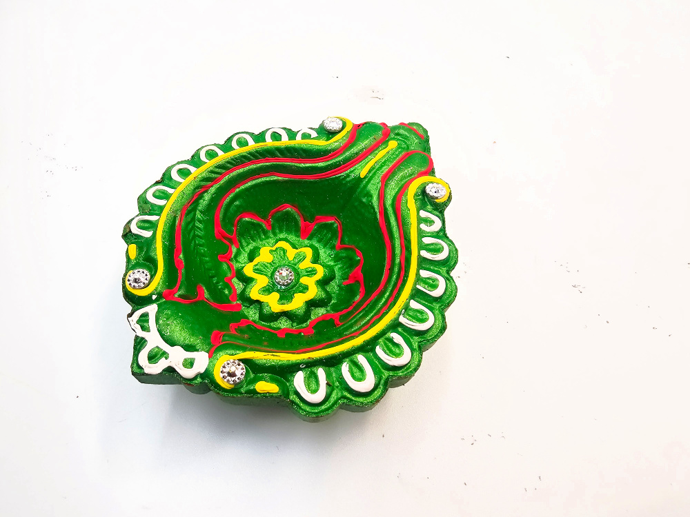 Clay Diya Pot Fancy - Green Pattern Leaf (Single) Clay Diya Pot Fancy