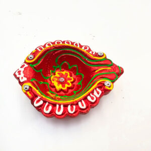 Clay Diya Pot Fancy - Red Pattern Leaf (Single)