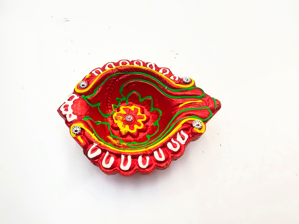 Clay Diya Pot Fancy - Red Pattern Leaf (Single) Clay Diya Pot Fancy - Red Pattern Leaf (Single)