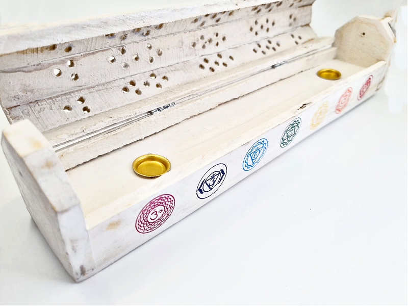Horizontal Chakra Wooden Incense Box (White) Horizontal Chakra Wooden Incense Box (White) - Image 2