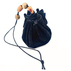 Black suede pouch for crystals with drawstring and beads