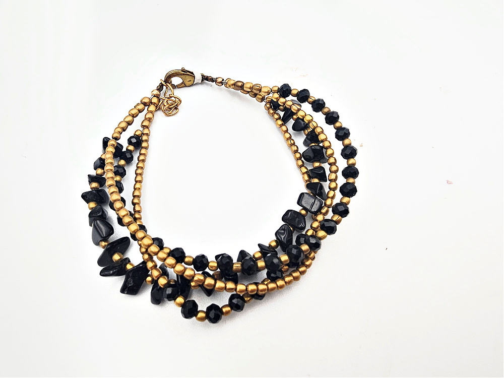 Brass Bead Bangle - Black Obsidian Brass Bead Bangle - Black Obsidian