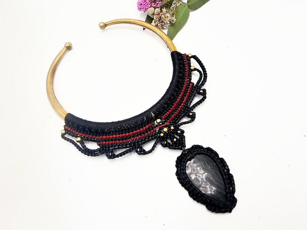 Brass Chocker Necklace Macrame Black Agate Brass Chocker Necklace