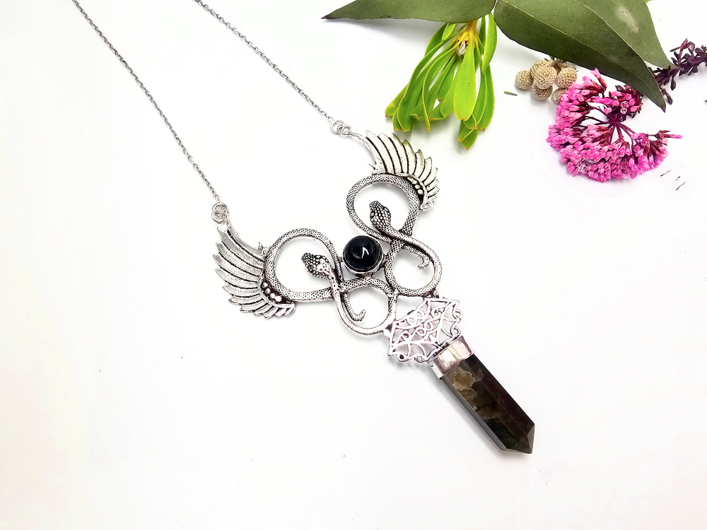 Double Snake Winged Labradorite Necklace (W/Brass) Double Snake Winged Labradorite Necklace